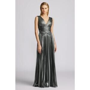 ZAC POSEN Women's Pleated Metallic Chiffon Gown Size 6 Silver Sleeveless NWT